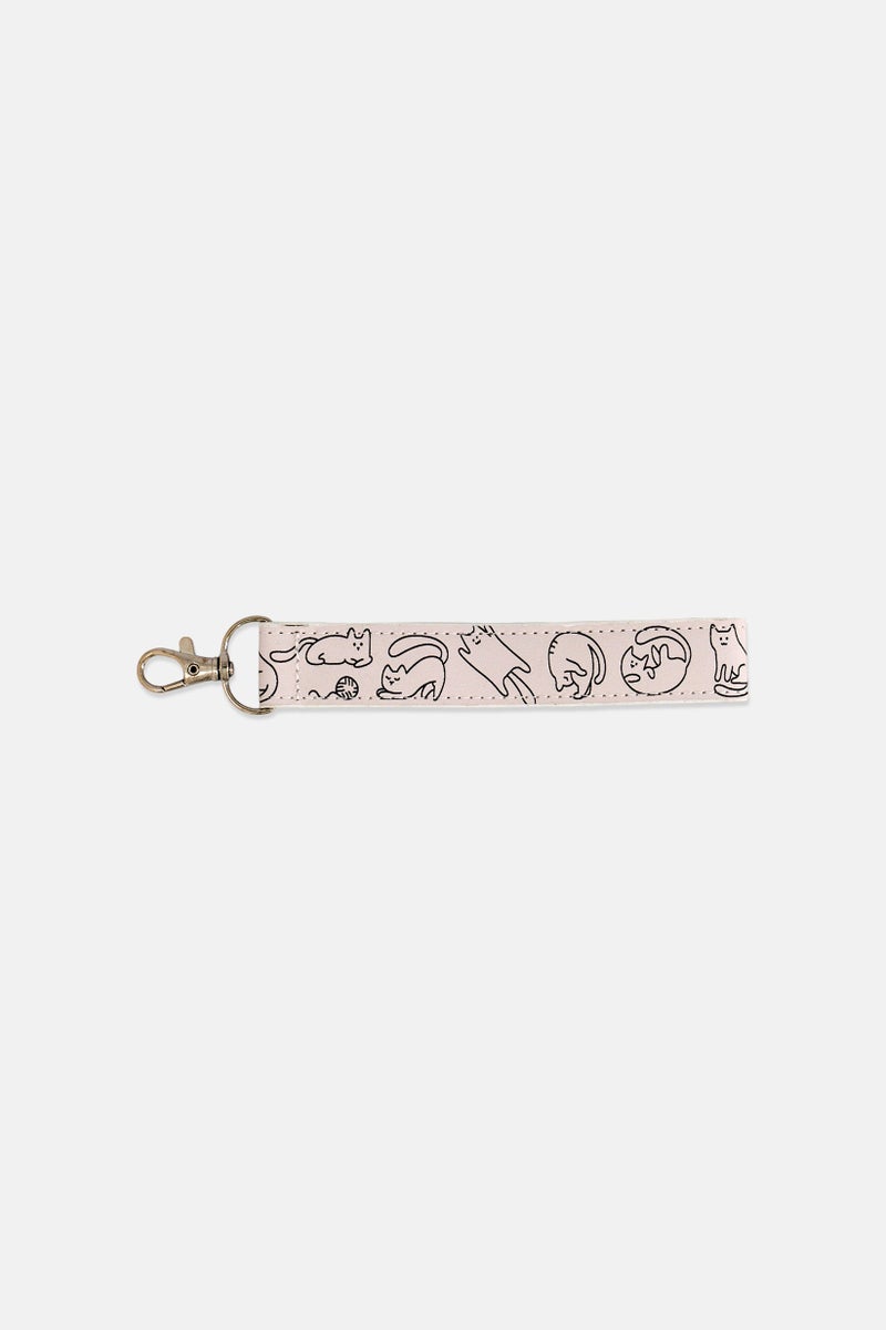 Muy Mucho Fabric Cat Print Key Ring, Beige - Image 1